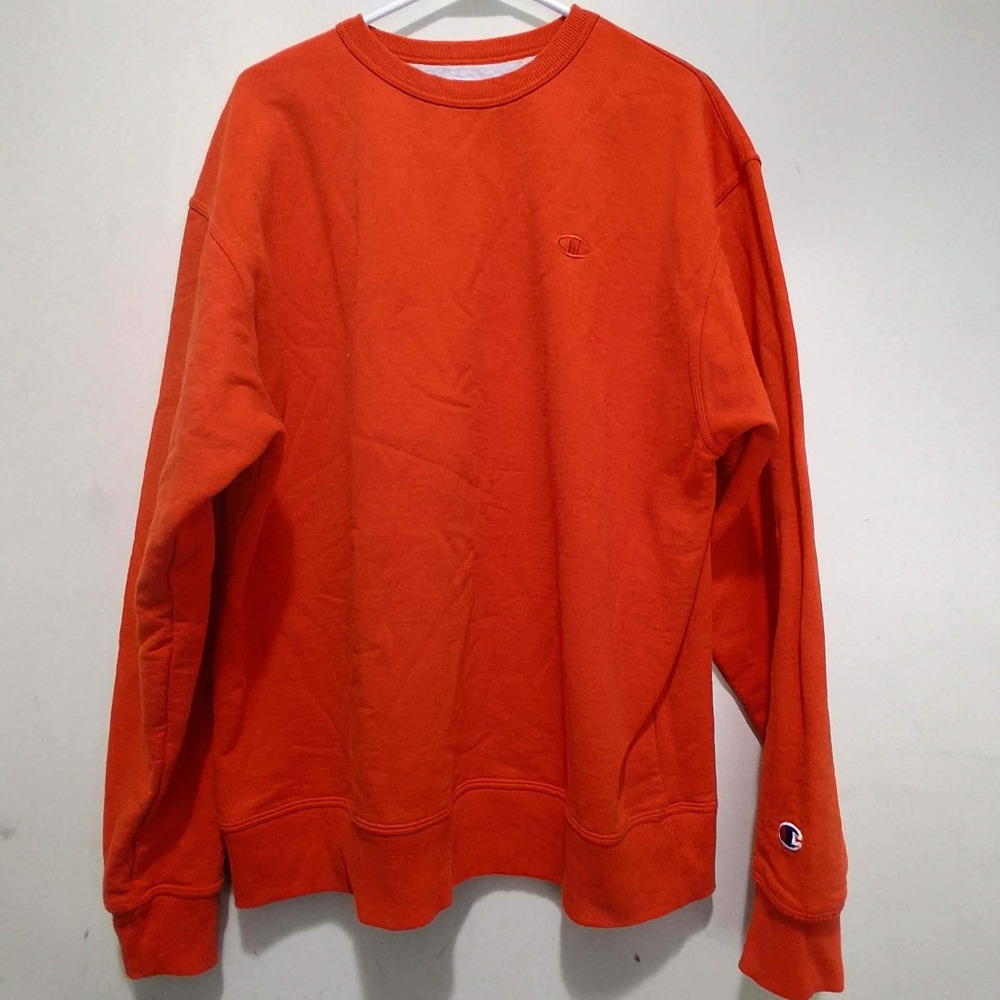Champion S0888 Orange Crewneck Sweatshirt Pullover Fleece Logo Mens L Womens XL